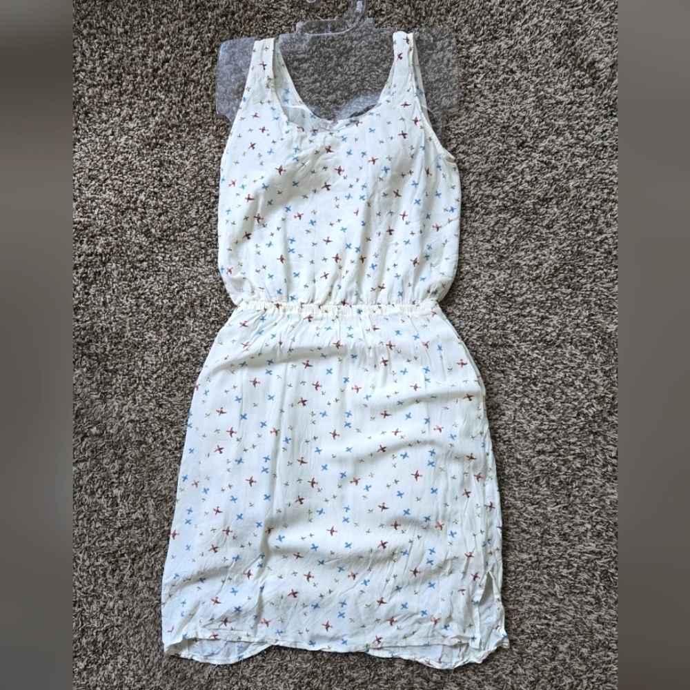 Ellison White Casual Dress With Bird Red Blue Print Sleeveless Tank Small